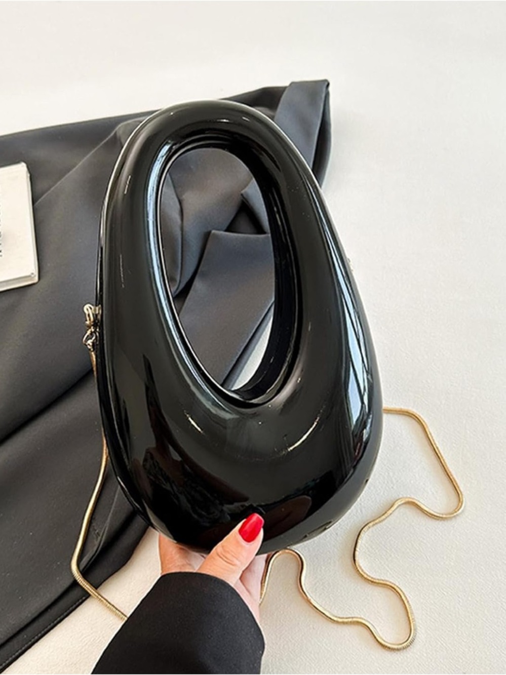 Luxe Sculpted Glossy Black Mini Clutch – Statement Evening Bag - Picture 3 of 6